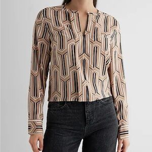 Express Portofino Geometric Print Long Sleeve Keyhole Blouse S
